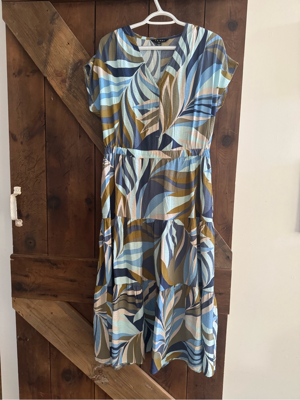 Tiered V-Neck Midi Dress in Blue Multi